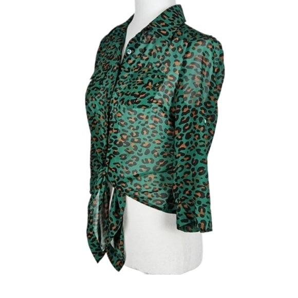 Mine Green Leopard Print Tie Front Blouse, Size S - Picture 4 of 9